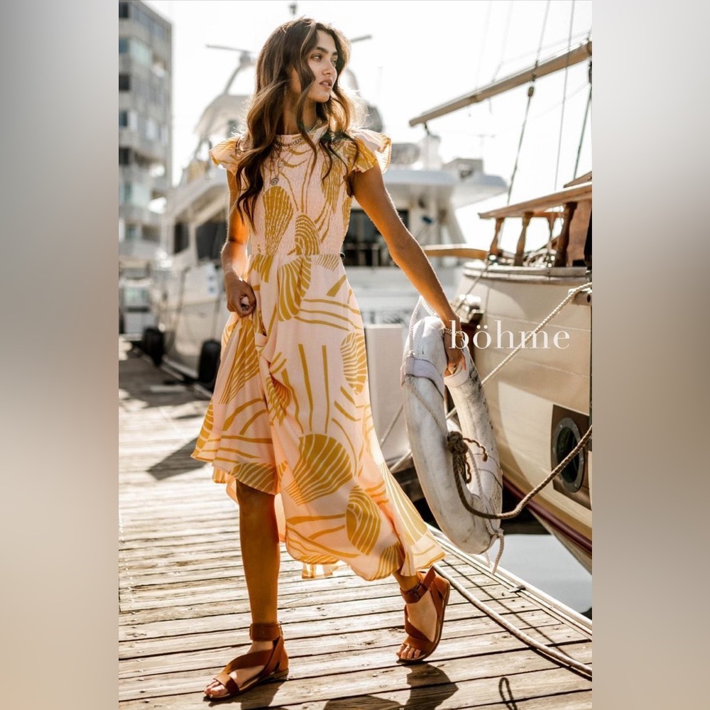 böhme Yellow and Cream Midi Dress with Shell Print